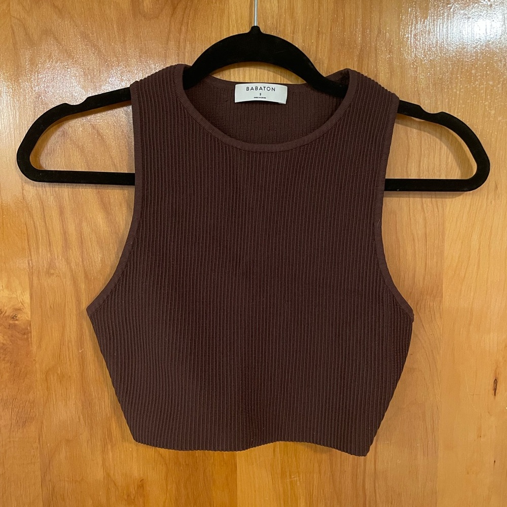 Babaton Ribbed Crop Tank Top in Chocolate Brown